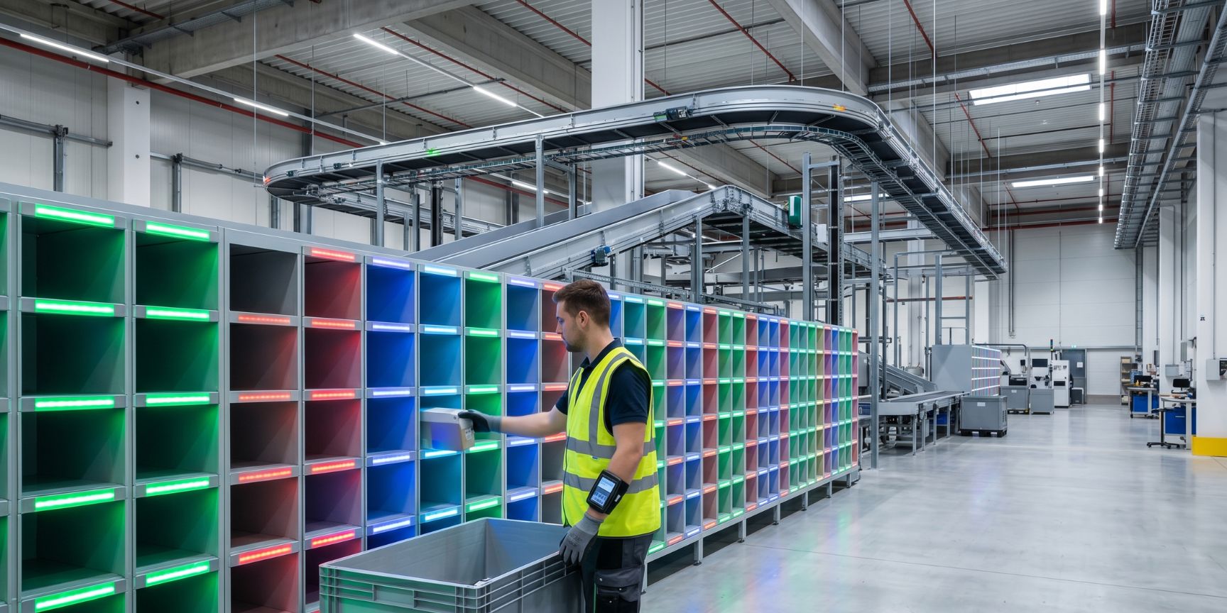 Infrastruktur für zweistufiges Batch-Picking: Mitarbeiter sortiert Ware an einer beleuchteten Put-Wall in einem Hochleistungs-Logistikzentrum.